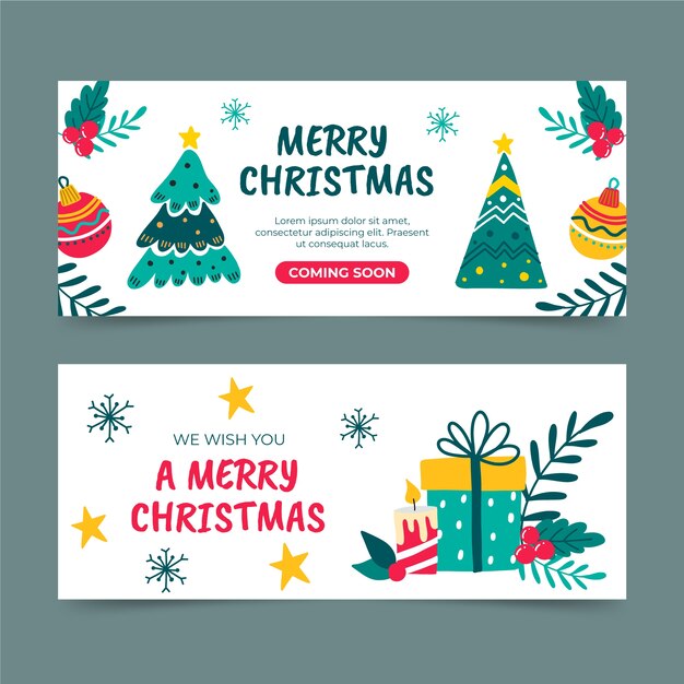Conjunto de banners horizontales navideños planos dibujados a mano