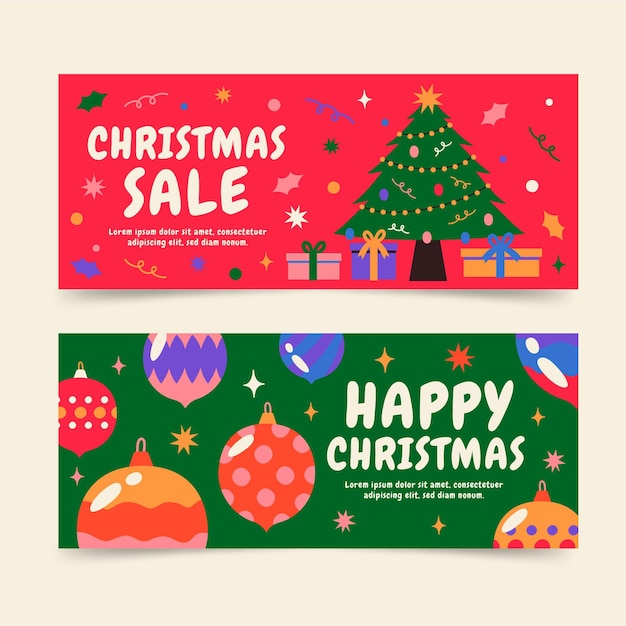 Conjunto de banners horizontales navideños planos dibujados a mano