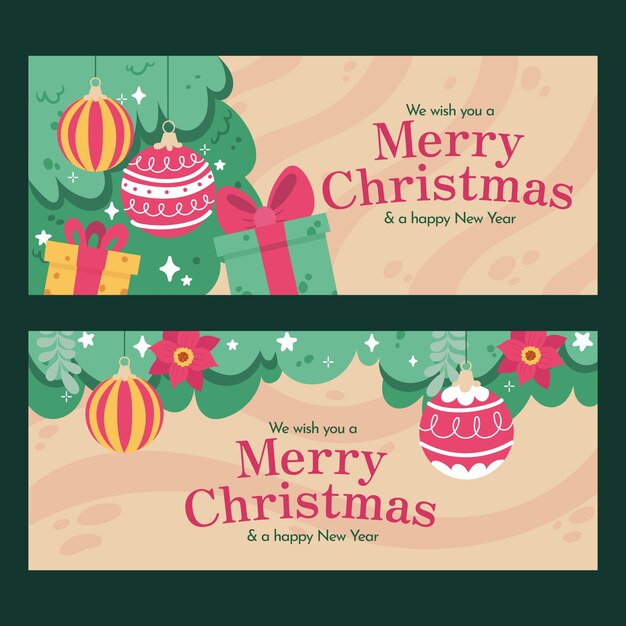Conjunto de banners horizontales navideños planos dibujados a mano