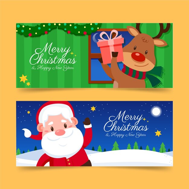 Conjunto de banners horizontales navideños planos dibujados a mano