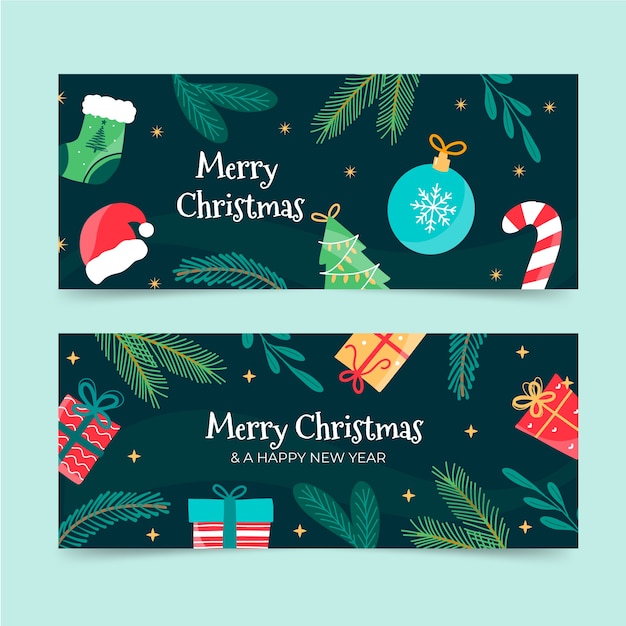 Conjunto de banners horizontales navideños planos dibujados a mano