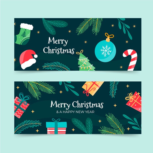 Conjunto de banners horizontales navideños planos dibujados a mano