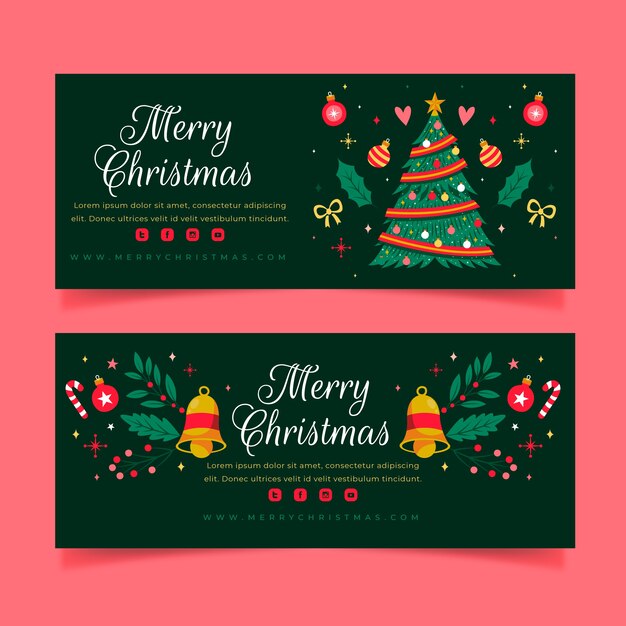 Conjunto de banners horizontales navideños planos dibujados a mano