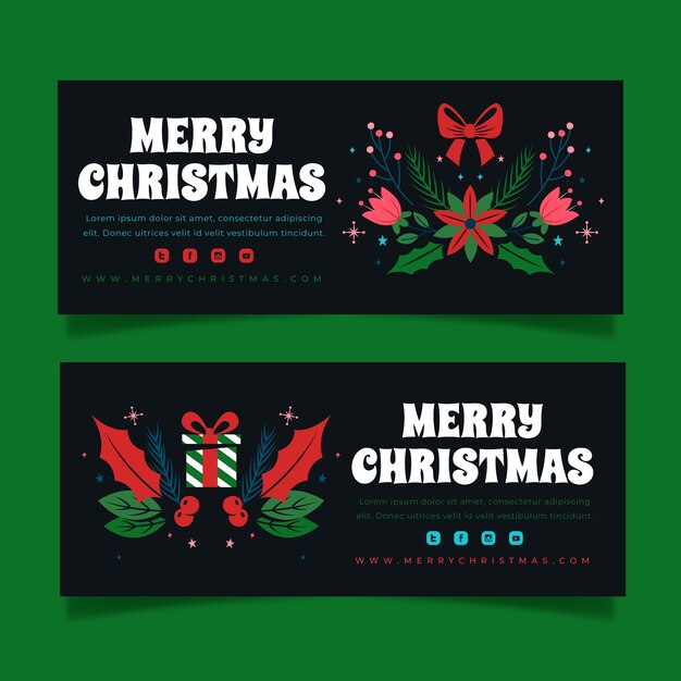 Conjunto de banners horizontales navideños planos dibujados a mano