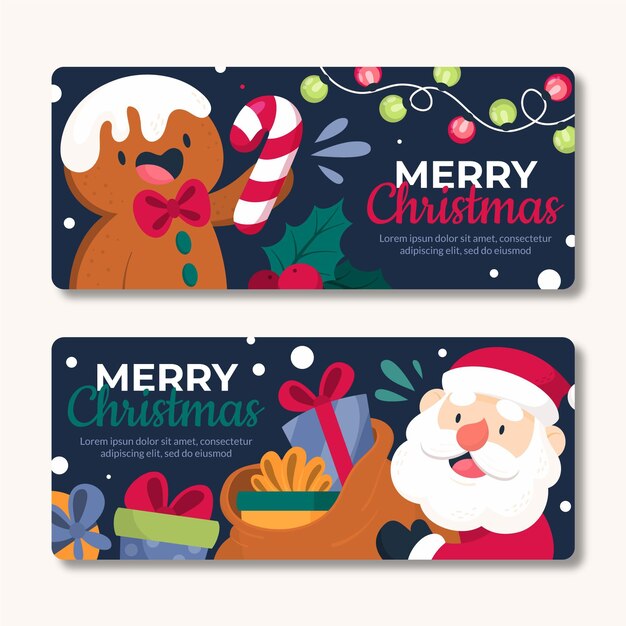 Conjunto de banners horizontales navideños planos dibujados a mano