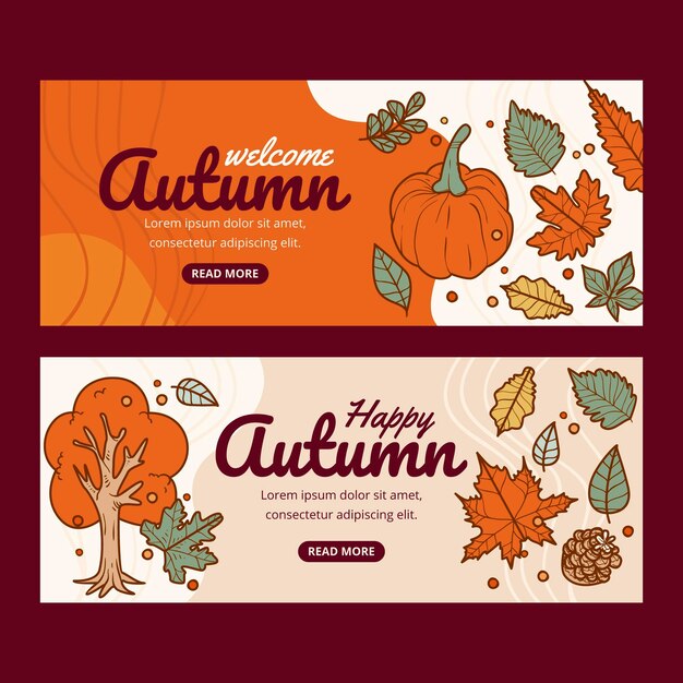 Conjunto de banners horizontales otoño dibujados a mano