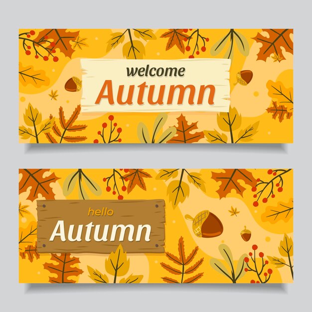 Conjunto de banners horizontales otoño planos dibujados a mano