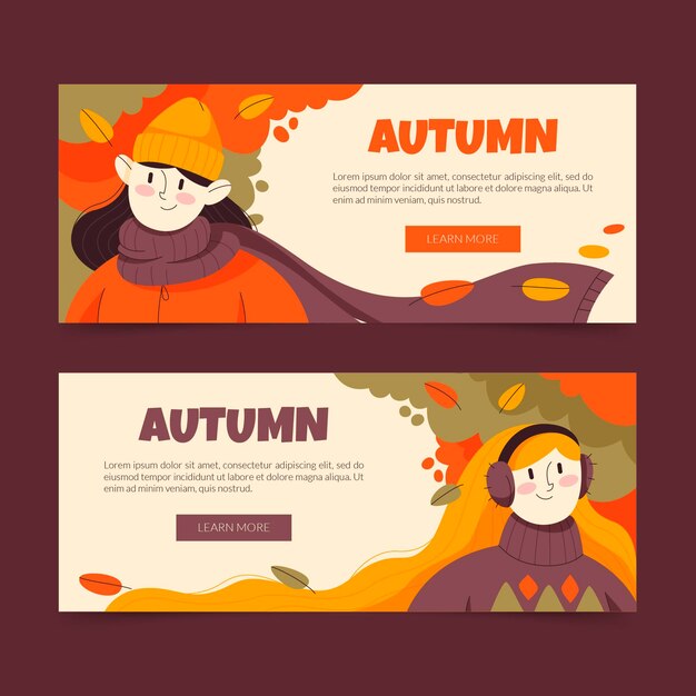 Conjunto de banners horizontales otoño planos dibujados a mano