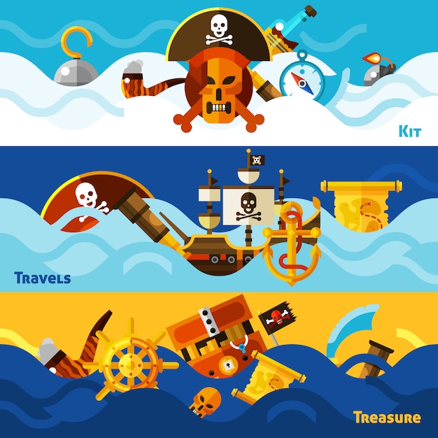 Vector gratuito conjunto de banners horizontales piratas