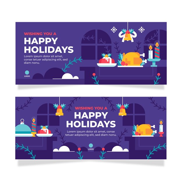 Conjunto de banners horizontales planas felices fiestas