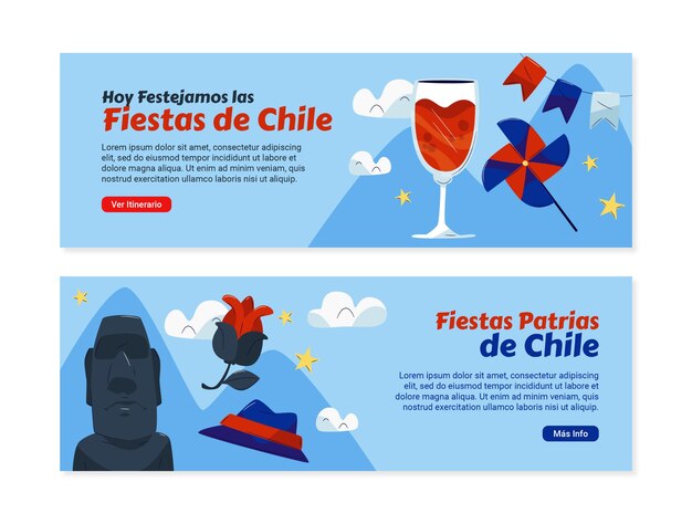 Conjunto de banners horizontales planas para fiestas patrias chile.