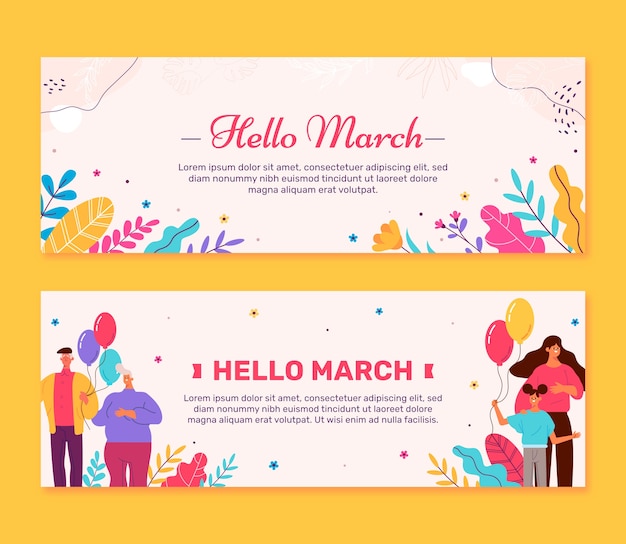 Vector gratuito conjunto de banners horizontales planas hola marzo