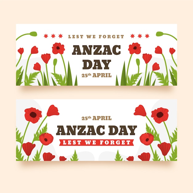 Vector gratuito conjunto de banners horizontales planos del día de anzac