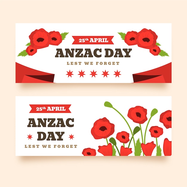 Conjunto de banners horizontales planos del día de anzac