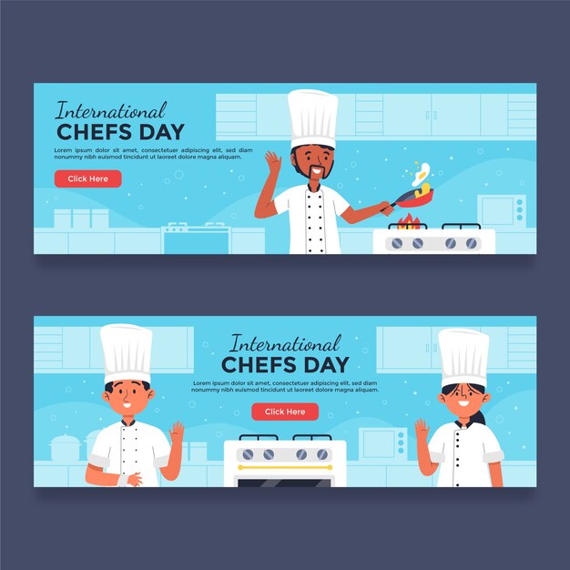 Conjunto de banners horizontales planos del día internacional de los chefs