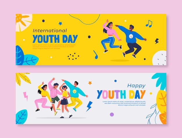 Vector gratuito conjunto de banners horizontales planos del día internacional de la juventud