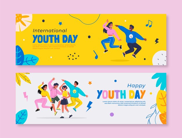 Conjunto de banners horizontales planos del día internacional de la juventud
