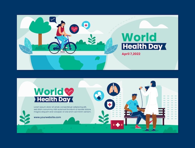 Conjunto de banners horizontales planos del día mundial de la salud