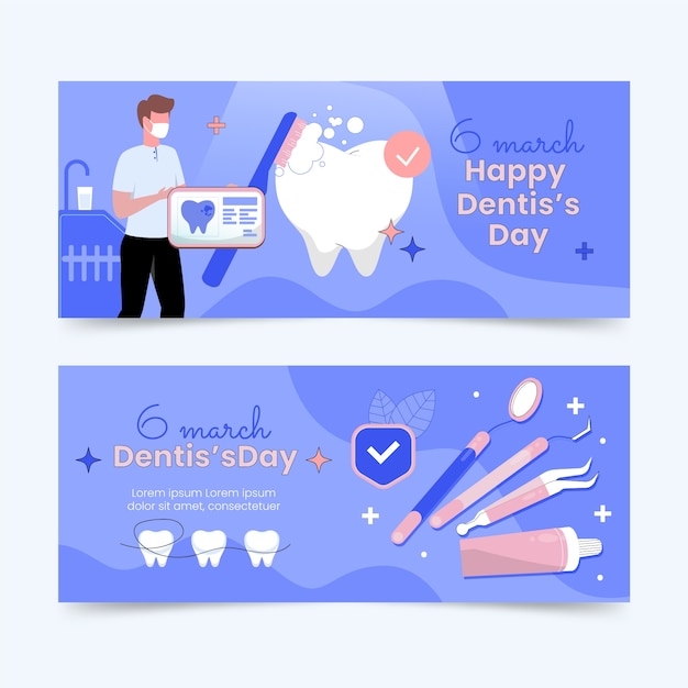 Conjunto de banners horizontales planos del día nacional del dentista