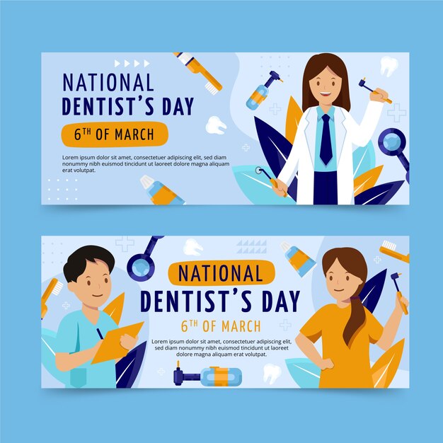 Vector gratuito conjunto de banners horizontales planos del día nacional del dentista