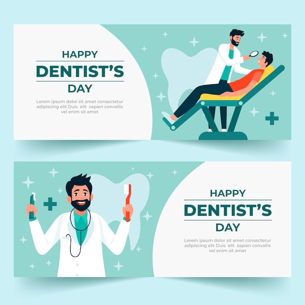Conjunto de banners horizontales planos del día nacional del dentista