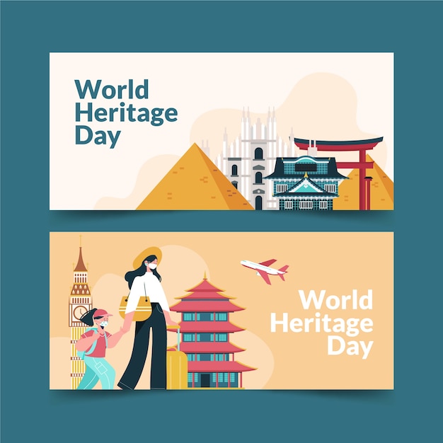 Vector gratuito conjunto de banners horizontales planos del día del patrimonio mundial