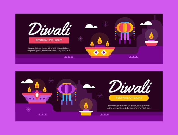 Conjunto de banners horizontales planos de diwali