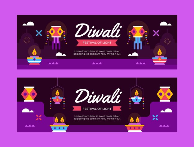 Conjunto de banners horizontales planos de diwali