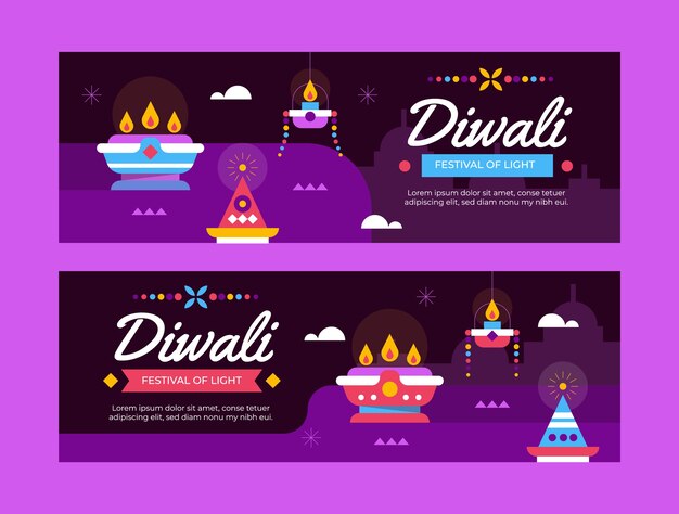 Conjunto de banners horizontales planos de diwali
