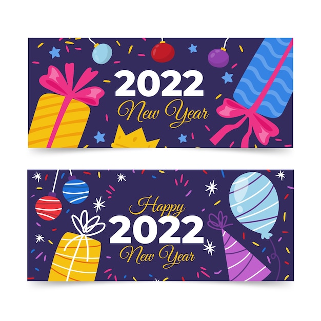 Conjunto de banners horizontales planos feliz año nuevo 2022