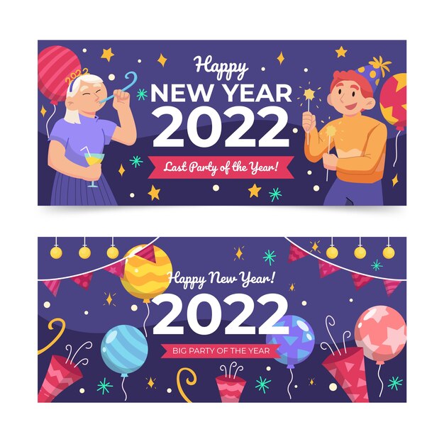 Conjunto de banners horizontales planos feliz año nuevo 2022