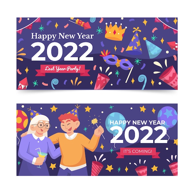 Conjunto de banners horizontales planos feliz año nuevo 2022