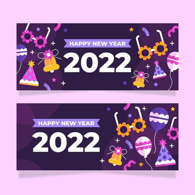 Vector gratuito conjunto de banners horizontales planos feliz año nuevo 2022