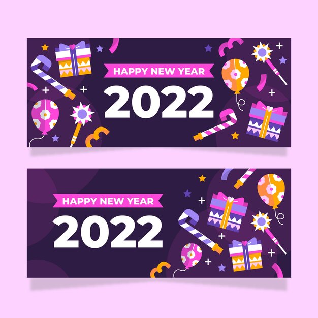 Conjunto de banners horizontales planos feliz año nuevo 2022
