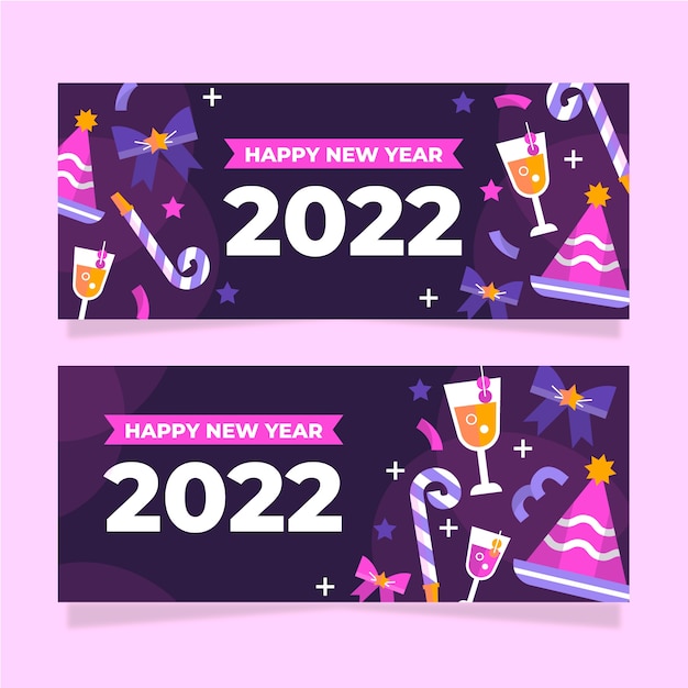 Conjunto de banners horizontales planos feliz año nuevo 2022