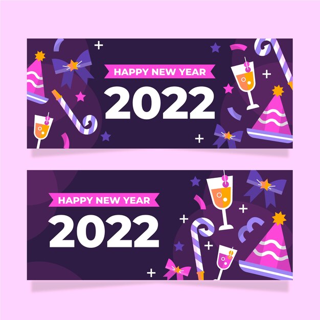 Conjunto de banners horizontales planos feliz año nuevo 2022