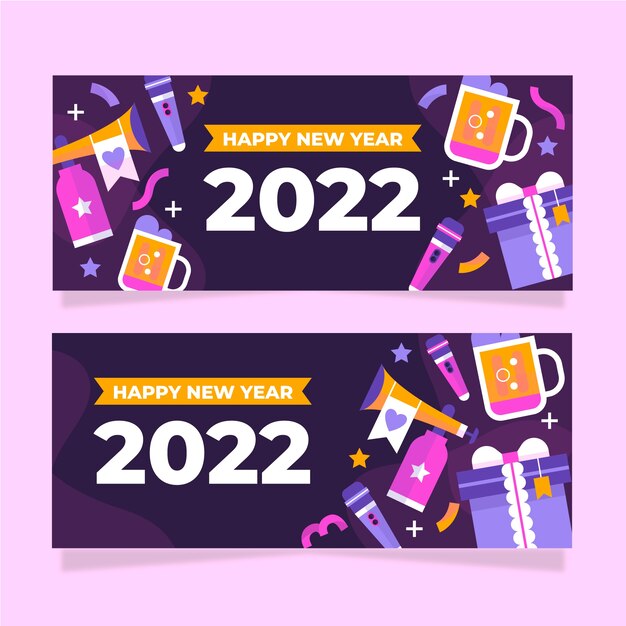 Conjunto de banners horizontales planos feliz año nuevo 2022