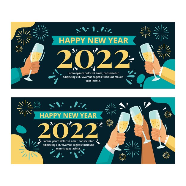 Conjunto de banners horizontales planos feliz año nuevo 2022