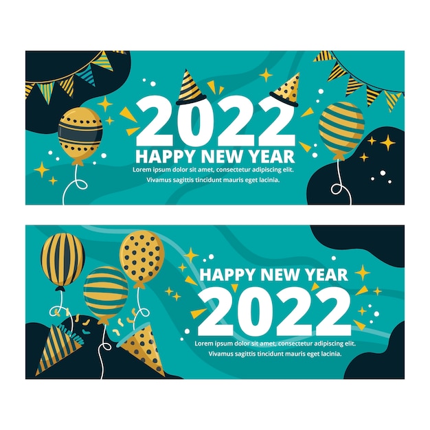 Conjunto de banners horizontales planos feliz año nuevo 2022