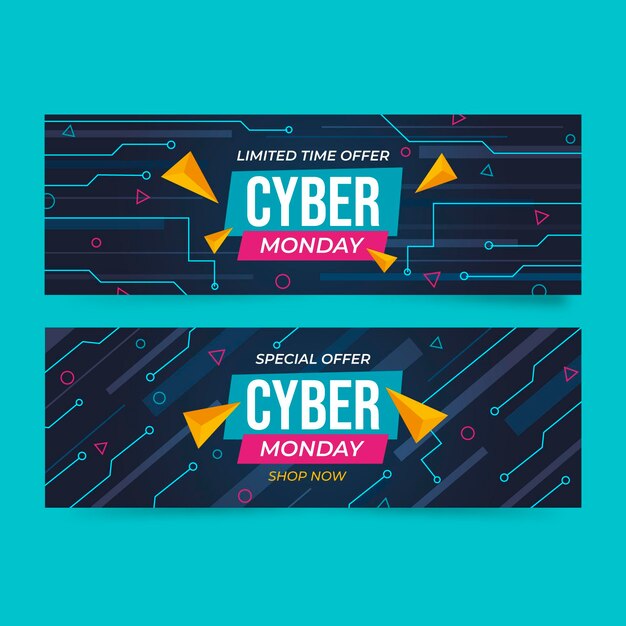 Vector gratuito conjunto de banners horizontales planos futuristas cyber monday