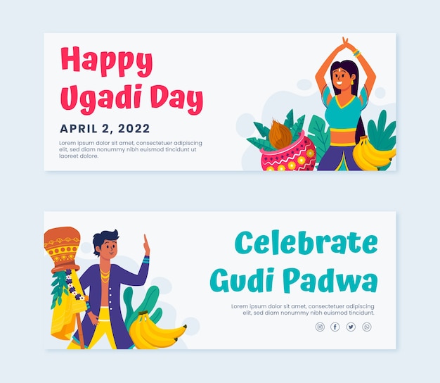 Vector gratuito conjunto de banners horizontales planos gudi padwa y ugadi