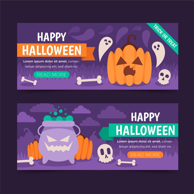 Conjunto de banners horizontales planos de halloween