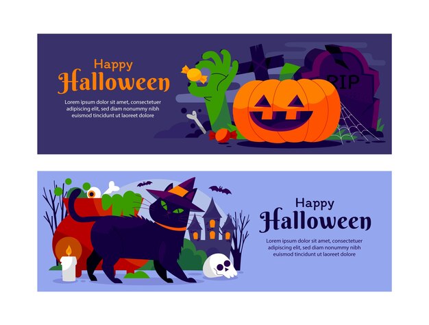 Conjunto de banners horizontales planos de halloween