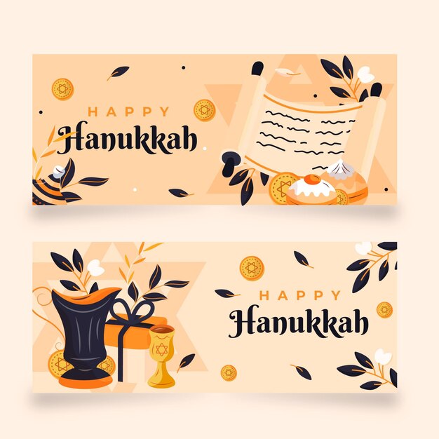 Conjunto de banners horizontales planos de hanukkah