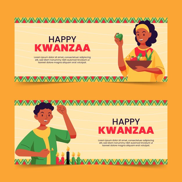 Conjunto de banners horizontales planos kwanzaa.