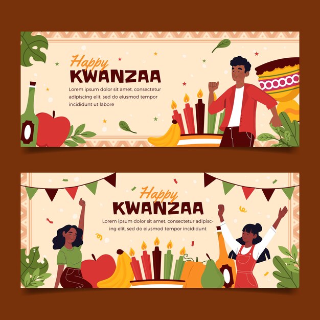 Conjunto de banners horizontales planos kwanzaa.