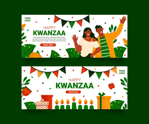 Conjunto de banners horizontales planos kwanzaa.
