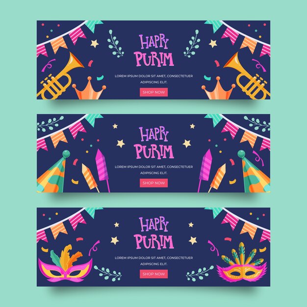 Conjunto de banners horizontales planos de purim.