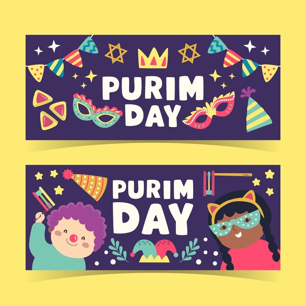 Conjunto de banners horizontales planos de purim