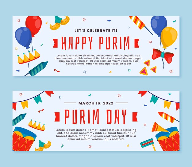 Conjunto de banners horizontales planos de purim